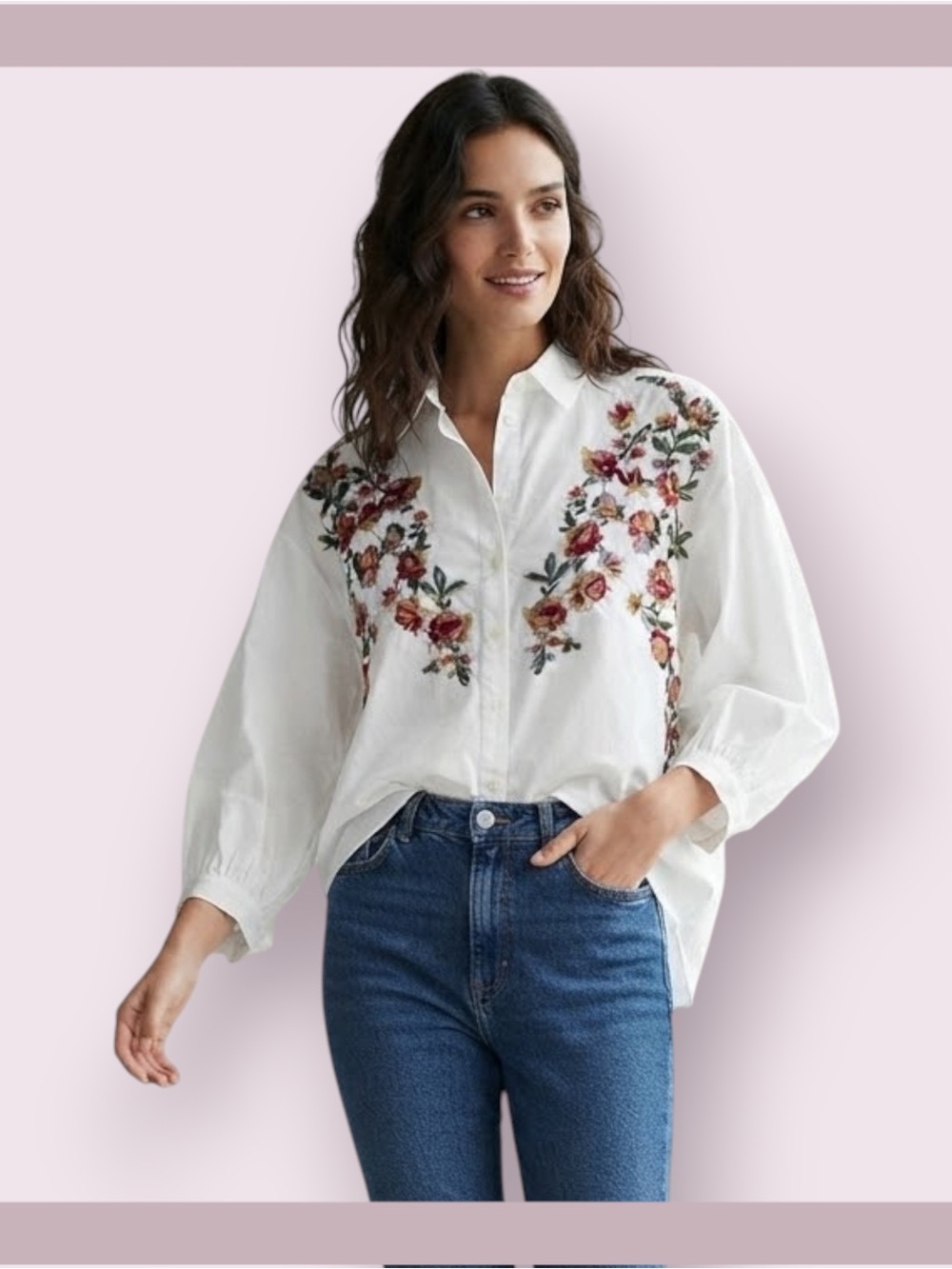 Zara White Floral Embroidered Shirt